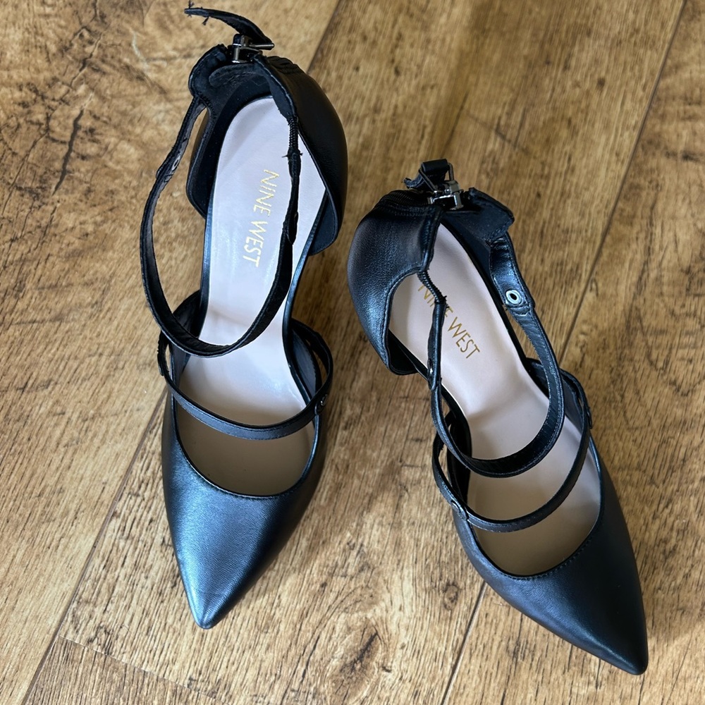 NINE WEST | Black Leather Ankle Strap & Foot Strap Heels - Size 8